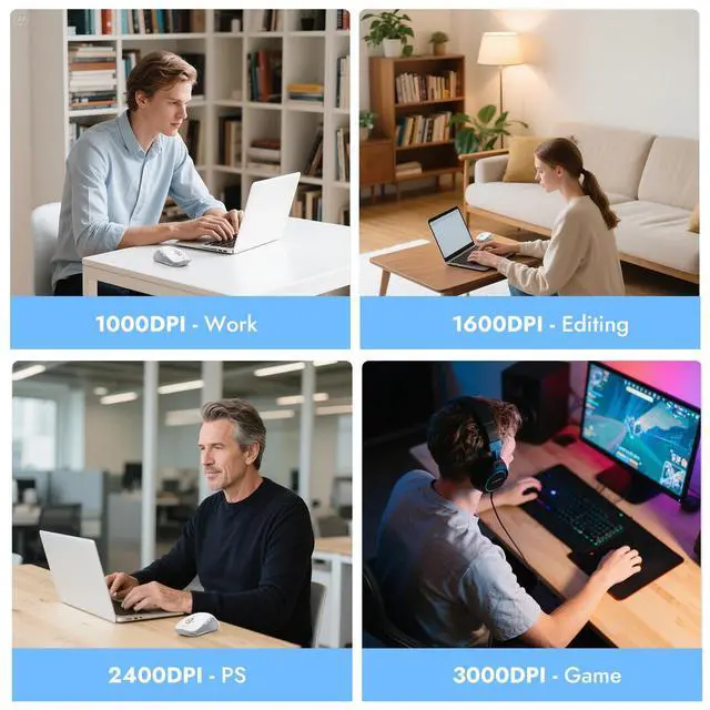 Alt view image 7 of 7 - Wireless Bluetooth Mouse (USB + BT1 + BT2), Full Size, 4-Way Scrolling, Multi-Device Silent Mouse for Computer, Laptop, iPad, MacBook (Black)