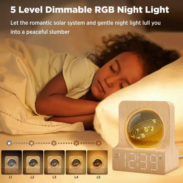 Alt view image 4 of 7 - Space Alarm Clock for Kids Teens, Small Digital Clock with RGB Night Light for Bedroom, Colorful Crystal Ball Decor for Living Room Office, Dimmer, Gifts for Boys Girls Women (Wood Grain)