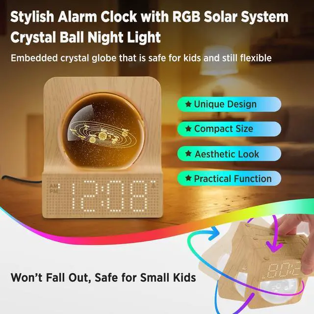 Alt view image 2 of 7 - Space Alarm Clock for Kids Teens, Small Digital Clock with RGB Night Light for Bedroom, Colorful Crystal Ball Decor for Living Room Office, Dimmer, Gifts for Boys Girls Women (Wood Grain)