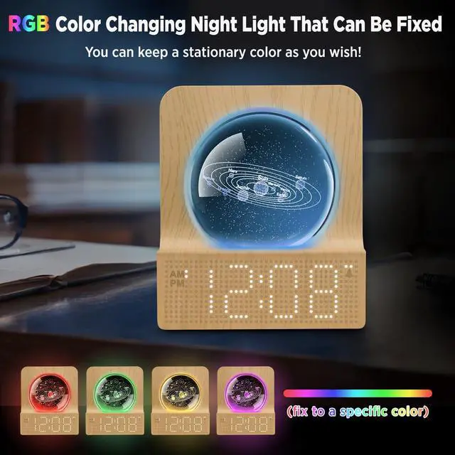 Alt view image 3 of 7 - Space Alarm Clock for Kids Teens, Small Digital Clock with RGB Night Light for Bedroom, Colorful Crystal Ball Decor for Living Room Office, Dimmer, Gifts for Boys Girls Women (Wood Grain)