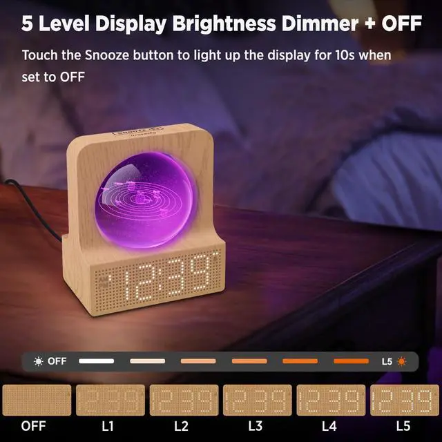 Alt view image 5 of 7 - Space Alarm Clock for Kids Teens, Small Digital Clock with RGB Night Light for Bedroom, Colorful Crystal Ball Decor for Living Room Office, Dimmer, Gifts for Boys Girls Women (Wood Grain)