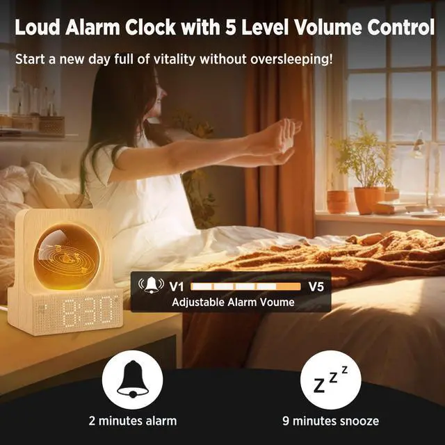 Alt view image 6 of 7 - Space Alarm Clock for Kids Teens, Small Digital Clock with RGB Night Light for Bedroom, Colorful Crystal Ball Decor for Living Room Office, Dimmer, Gifts for Boys Girls Women (Wood Grain)
