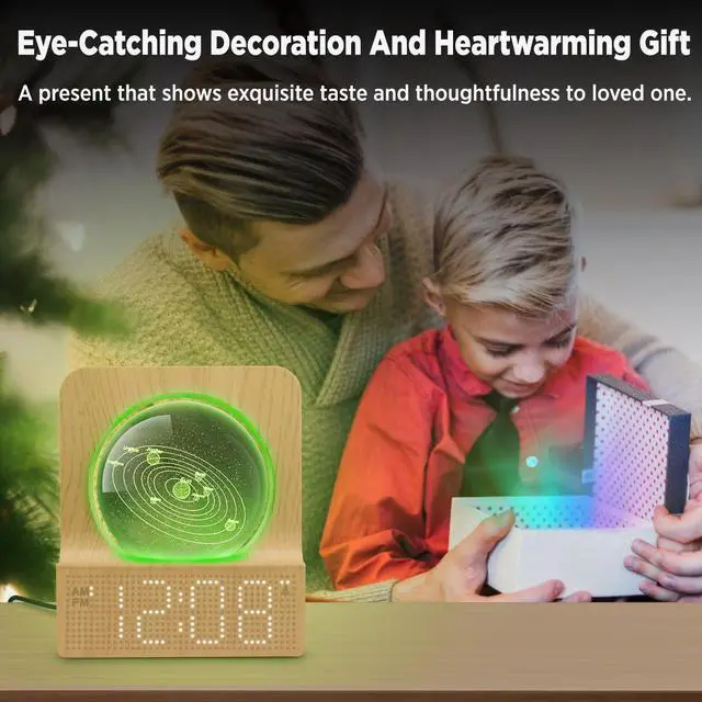 Alt view image 7 of 7 - Space Alarm Clock for Kids Teens, Small Digital Clock with RGB Night Light for Bedroom, Colorful Crystal Ball Decor for Living Room Office, Dimmer, Gifts for Boys Girls Women (Wood Grain)