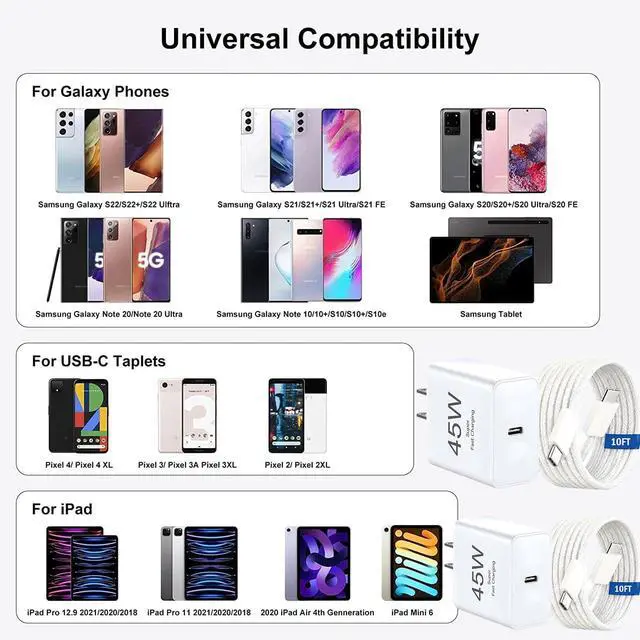 Alt view image 5 of 7 - 45W Super Fast Charger for Samsung - 6ft USB C Wall Charging Cable Long Android Phone Cord for Galaxy S26/S25 Ultra/Plus/S24+/S23/S22/S21/Z Fold/Flip 7 6 5 4/A14/A55/Note 20/Tab A9+/S10 FE/S11 Tablet