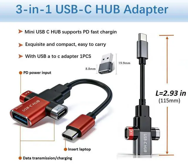 Alt view image 2 of 7 - Small USB C HUB for Laptop, 60W Fast Charging and 480Mbps Data Transfer USB C Docking Station, USB C Splitter, USB C Dongle for MacBook Pro, iMac, iPhone 17, XPS. (Grey)