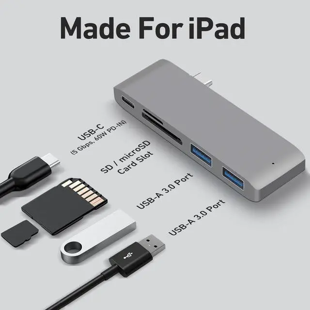 Alt view image 2 of 7 - Adapter for iPad USB C Hub, 5-in-1 USB C Adapter with 2 * 5Gbps USB 3.0, 60W PD Charging, SD/Micro SD Card Reader for iPad Pro M4 M2 M1 13 12.9 11 inch iPad Air 5 4 Tablet Dock