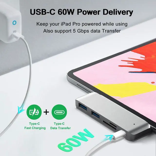 Alt view image 4 of 7 - Adapter for iPad USB C Hub, 5-in-1 USB C Adapter with 2 * 5Gbps USB 3.0, 60W PD Charging, SD/Micro SD Card Reader for iPad Pro M4 M2 M1 13 12.9 11 inch iPad Air 5 4 Tablet Dock