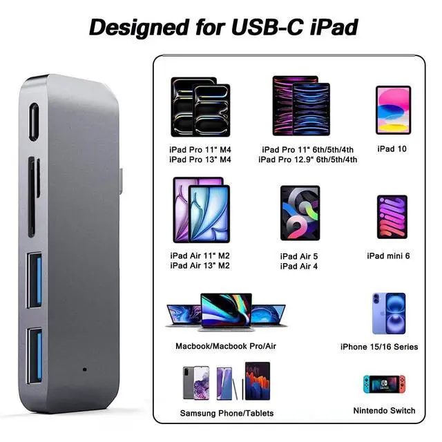 Alt view image 6 of 7 - Adapter for iPad USB C Hub, 5-in-1 USB C Adapter with 2 * 5Gbps USB 3.0, 60W PD Charging, SD/Micro SD Card Reader for iPad Pro M4 M2 M1 13 12.9 11 inch iPad Air 5 4 Tablet Dock