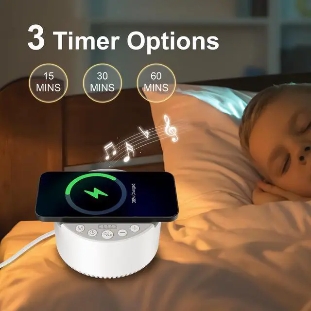 Alt view image 3 of 7 - Sound Machine with Wireless Charger,White Noise Machine with Memory Function,6 Soothing Sounds,3 Timers Modes for Baby Kids Adult & Home Office Travel