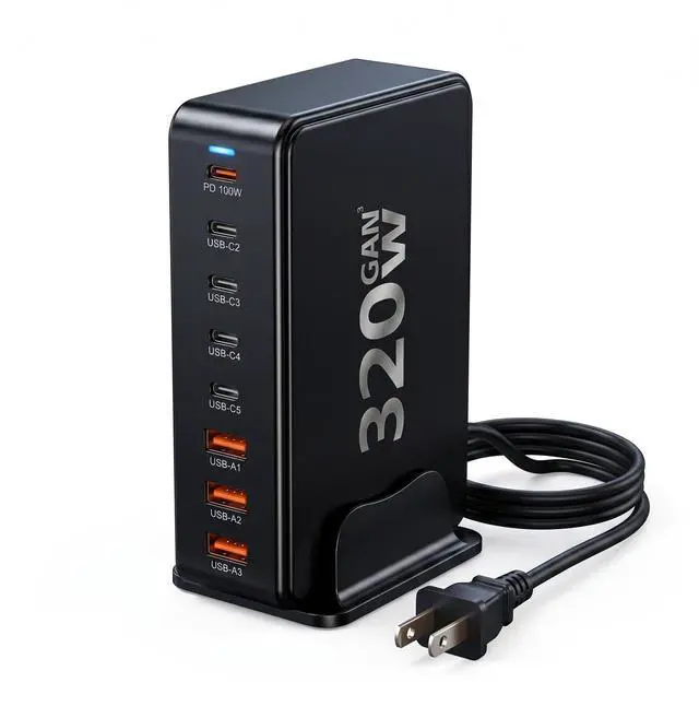 Main image of Upgrade 320W 8-Port GaN III USB-C Charging Station (100W Max PD) - Desktop Fast Charger Hub with 5ft Cord for MacBook Pro, Laptops, iPhone 16/15, and Desk Organization
