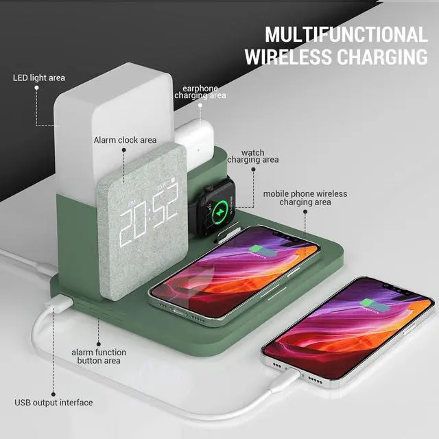 Alt view image 2 of 6 - Wireless Charging Station, iPhone 3 in 1 Fast 15W Wireless Charger with Alarm Clock and Night Light, Charging Dock for iPhone 12/13/14/15/16/17 Pro/Pro Max, Samsung, AirPods