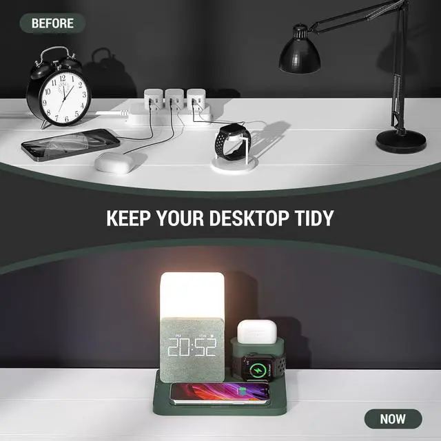 Alt view image 3 of 6 - Wireless Charging Station, iPhone 3 in 1 Fast 15W Wireless Charger with Alarm Clock and Night Light, Charging Dock for iPhone 12/13/14/15/16/17 Pro/Pro Max, Samsung, AirPods