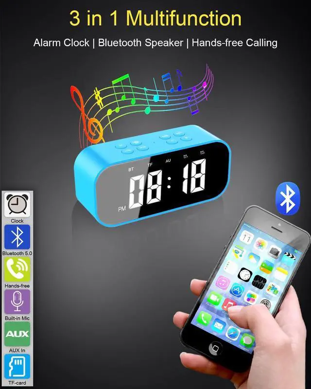 Alt view image 2 of 6 - Digital Alarm Clock with Bluetooth Speaker,Desk Clock for Bedrooms,Small Table Clock with Dual Alarms,Snooze,Dimmable LED Display.