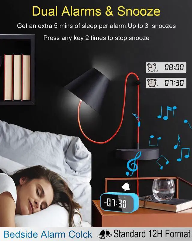 Alt view image 3 of 6 - Digital Alarm Clock with Bluetooth Speaker,Desk Clock for Bedrooms,Small Table Clock with Dual Alarms,Snooze,Dimmable LED Display.