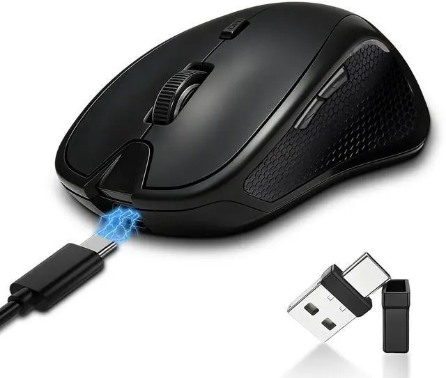 Main image of Rechargeable Bluetooth Mouse with Built-in Mouse Jiggler, Multi-Device Wireless Mouse for MacBook, iPad, Laptop & PC, USB-C/USB-A Receiver, BT5.2/3.0 & 2.4G, Silent Ergonomic Office Mouse - Black