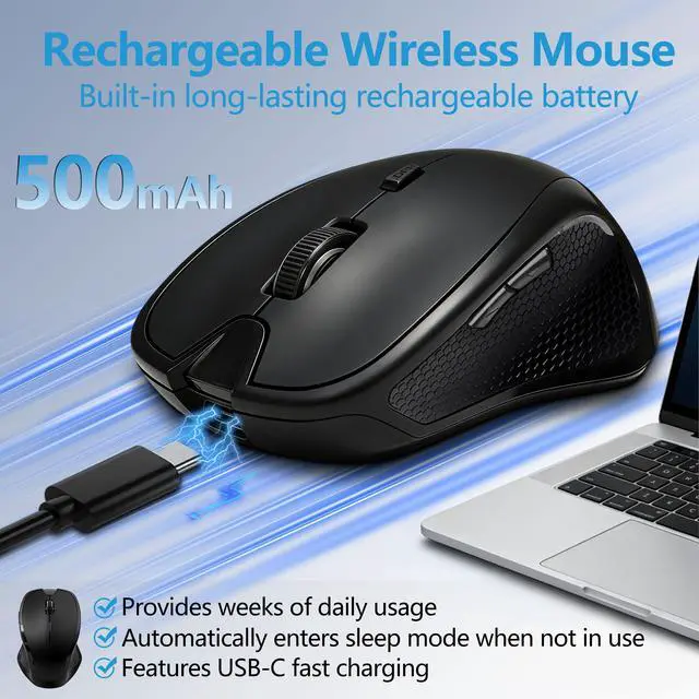 Alt view image 3 of 7 - Rechargeable Bluetooth Mouse with Built-in Mouse Jiggler, Multi-Device Wireless Mouse for MacBook, iPad, Laptop & PC, USB-C/USB-A Receiver, BT5.2/3.0 & 2.4G, Silent Ergonomic Office Mouse - Black