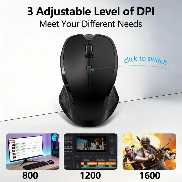 Alt view image 7 of 7 - Rechargeable Bluetooth Mouse with Built-in Mouse Jiggler, Multi-Device Wireless Mouse for MacBook, iPad, Laptop & PC, USB-C/USB-A Receiver, BT5.2/3.0 & 2.4G, Silent Ergonomic Office Mouse - Black