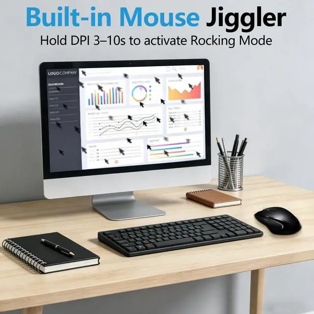 Alt view image 4 of 7 - Rechargeable Bluetooth Mouse with Built-in Mouse Jiggler, Multi-Device Wireless Mouse for MacBook, iPad, Laptop & PC, USB-C/USB-A Receiver, BT5.2/3.0 & 2.4G, Silent Ergonomic Office Mouse - Black