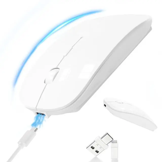Main image of Silent Bluetooth Wireless Mouse with Jiggler, Rechargeable Portable Mouse for MacBook, iPad, Laptop & PC, Dual Mode BT5.2 and 2.4G, USB-C/USB-A Receiver, Adjustable DPI Compact Travel Mouse -White