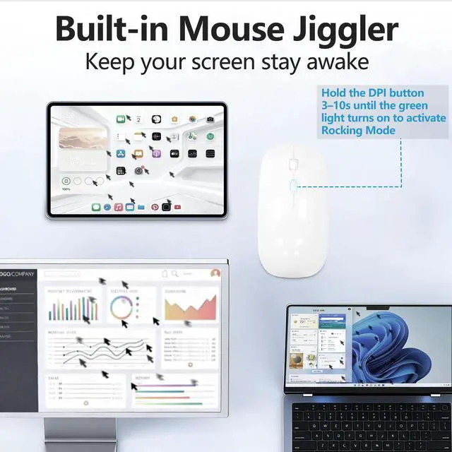 Alt view image 4 of 7 - Silent Bluetooth Wireless Mouse with Jiggler, Rechargeable Portable Mouse for MacBook, iPad, Laptop & PC, Dual Mode BT5.2 and 2.4G, USB-C/USB-A Receiver, Adjustable DPI Compact Travel Mouse -White