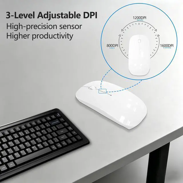 Alt view image 5 of 7 - Silent Bluetooth Wireless Mouse with Jiggler, Rechargeable Portable Mouse for MacBook, iPad, Laptop & PC, Dual Mode BT5.2 and 2.4G, USB-C/USB-A Receiver, Adjustable DPI Compact Travel Mouse -White
