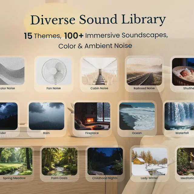 Alt view image 3 of 7 - White Noise Sound Machine & Alarm Clock: Color Noises and Custom Soundscapes, App Control, Sleep Schedule, Multiple Alarms, 100 Volume Levels, Built-in Battery