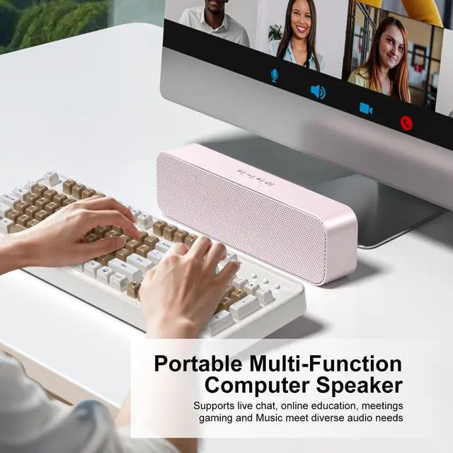 Alt view image 4 of 7 - Computer Speaker for Desktop,Rechargeable PC Speaker,Small Computer Soundbar with Stereo & Bass,3.5mm Aux-in,Bluetooth,TF Port,Loud Volume for Web Conferences,Teacher,Music (Pink)