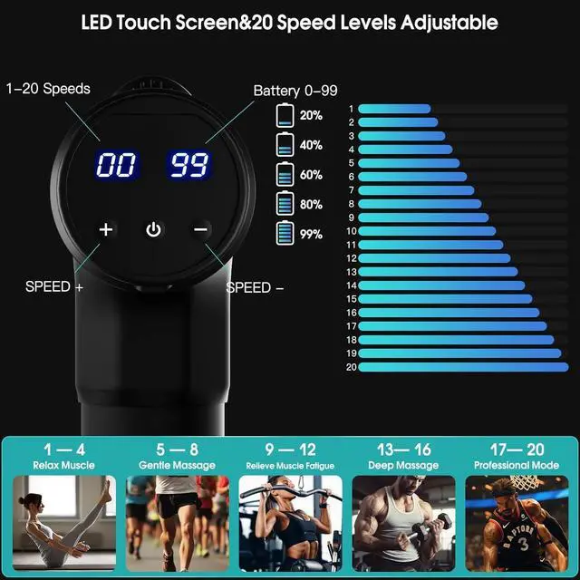 Alt view image 2 of 6 - Muscle Massage Gun, Back Massager Deep Tissue Gun for Athletes to Relief Pain and Relax with 20 Adjustable High Intensity Speeds 6 Heads, Body Carrying Case