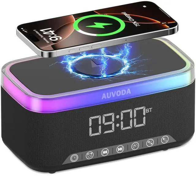 Main image of S300 Bluetooth Speaker, Portable Wireless Speaker with 15W Wireless Charging, 13-Color Night Light, Alarm, 16W Stereo, TWS, BT5.3, for Smartphone, PC, Computer, Home, Office, Bedroom