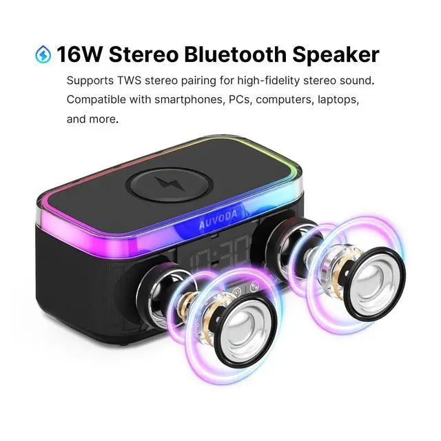 Alt view image 3 of 7 - S300 Bluetooth Speaker, Portable Wireless Speaker with 15W Wireless Charging, 13-Color Night Light, Alarm, 16W Stereo, TWS, BT5.3, for Smartphone, PC, Computer, Home, Office, Bedroom