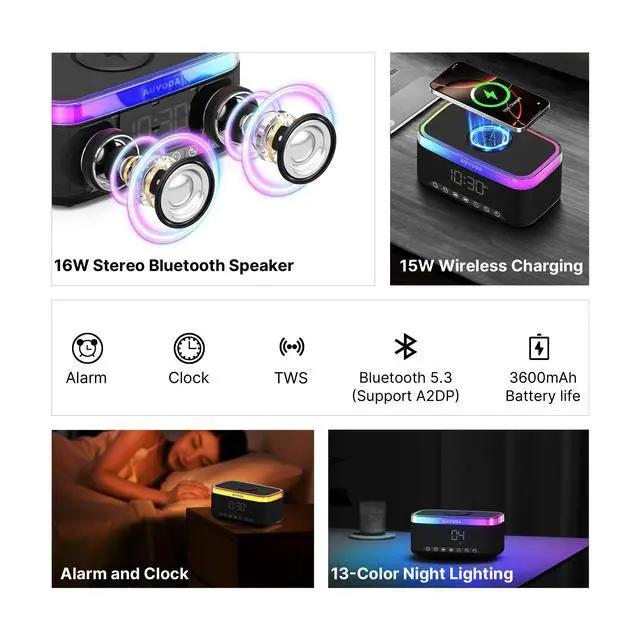 Alt view image 2 of 7 - S300 Bluetooth Speaker, Portable Wireless Speaker with 15W Wireless Charging, 13-Color Night Light, Alarm, 16W Stereo, TWS, BT5.3, for Smartphone, PC, Computer, Home, Office, Bedroom