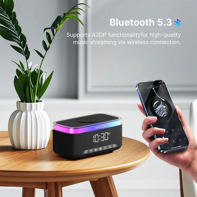 Alt view image 7 of 7 - S300 Bluetooth Speaker, Portable Wireless Speaker with 15W Wireless Charging, 13-Color Night Light, Alarm, 16W Stereo, TWS, BT5.3, for Smartphone, PC, Computer, Home, Office, Bedroom