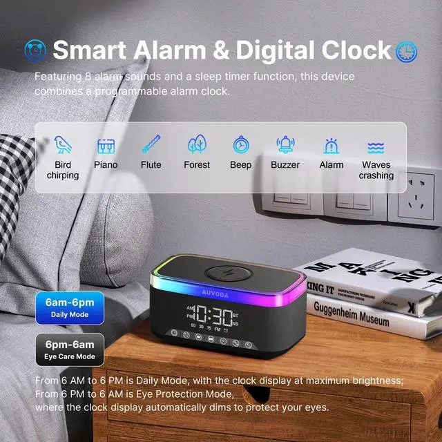 Alt view image 6 of 7 - S300 Bluetooth Speaker, Portable Wireless Speaker with 15W Wireless Charging, 13-Color Night Light, Alarm, 16W Stereo, TWS, BT5.3, for Smartphone, PC, Computer, Home, Office, Bedroom