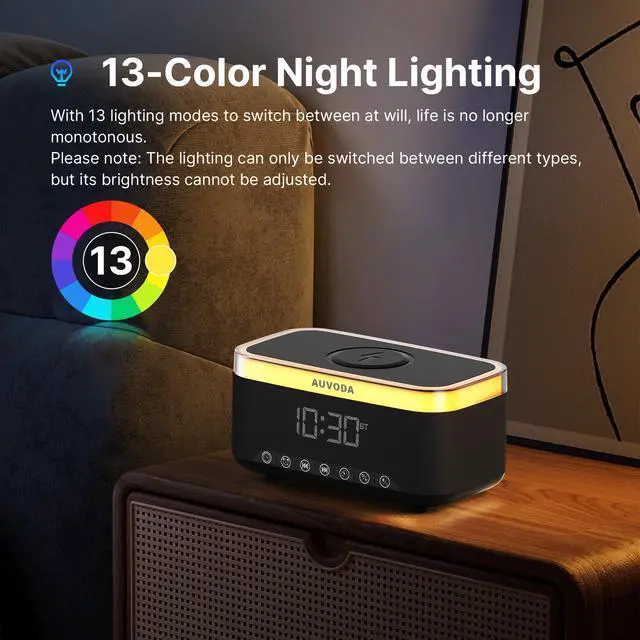 Alt view image 5 of 7 - S300 Bluetooth Speaker, Portable Wireless Speaker with 15W Wireless Charging, 13-Color Night Light, Alarm, 16W Stereo, TWS, BT5.3, for Smartphone, PC, Computer, Home, Office, Bedroom