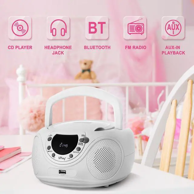 Alt view image 3 of 7 - P16 Portable CD Player Boombox with Bluetooth, CD/CD-R/MP3-CD, FM Digital Radio, USB/MP3 Playback, Aux-in & Headphone Jack - AC/Battery Powered Stereo System (White)