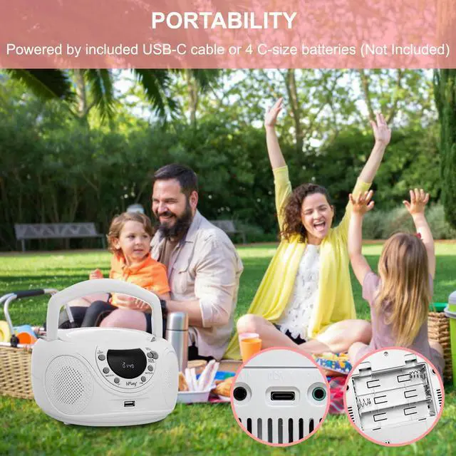 Alt view image 5 of 7 - P16 Portable CD Player Boombox with Bluetooth, CD/CD-R/MP3-CD, FM Digital Radio, USB/MP3 Playback, Aux-in & Headphone Jack - AC/Battery Powered Stereo System (White)