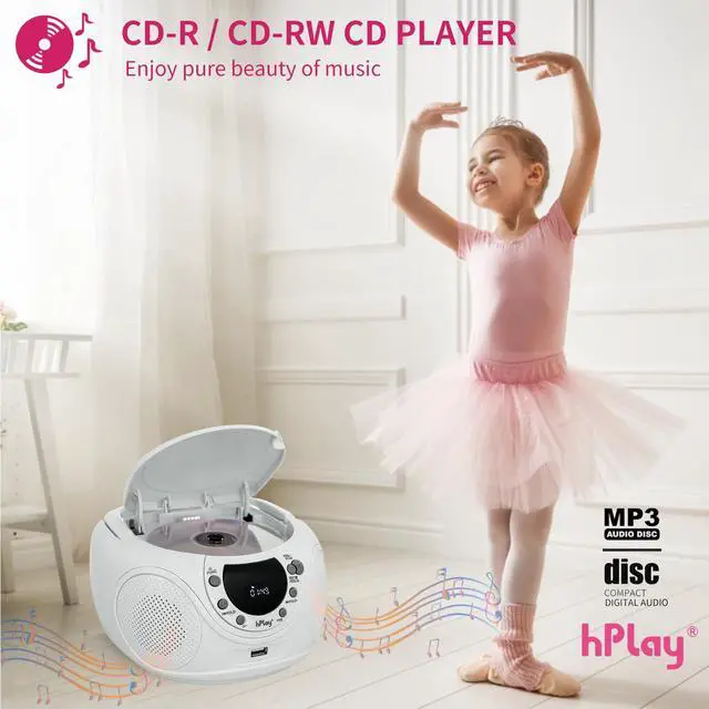 Alt view image 2 of 7 - P16 Portable CD Player Boombox with Bluetooth, CD/CD-R/MP3-CD, FM Digital Radio, USB/MP3 Playback, Aux-in & Headphone Jack - AC/Battery Powered Stereo System (White)