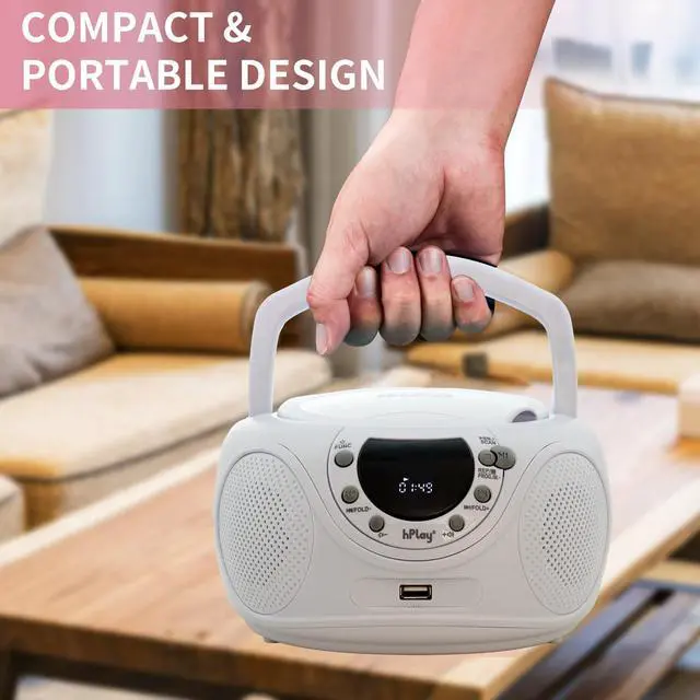 Alt view image 4 of 7 - P16 Portable CD Player Boombox with Bluetooth, CD/CD-R/MP3-CD, FM Digital Radio, USB/MP3 Playback, Aux-in & Headphone Jack - AC/Battery Powered Stereo System (White)