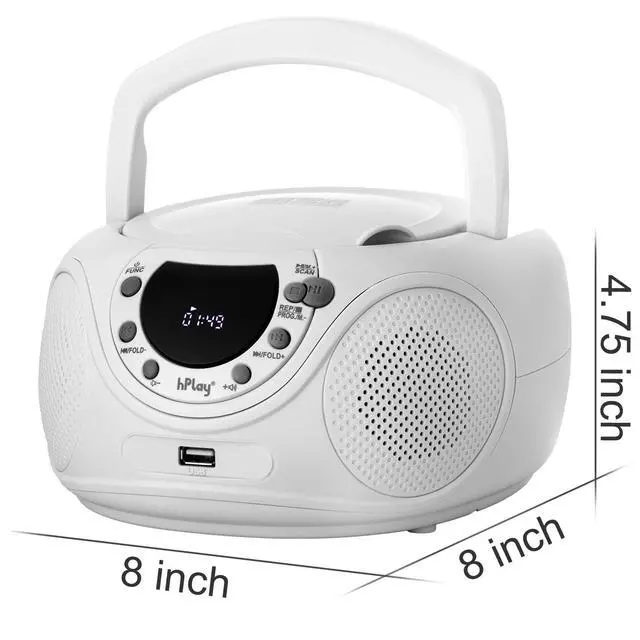 Alt view image 7 of 7 - P16 Portable CD Player Boombox with Bluetooth, CD/CD-R/MP3-CD, FM Digital Radio, USB/MP3 Playback, Aux-in & Headphone Jack - AC/Battery Powered Stereo System (White)