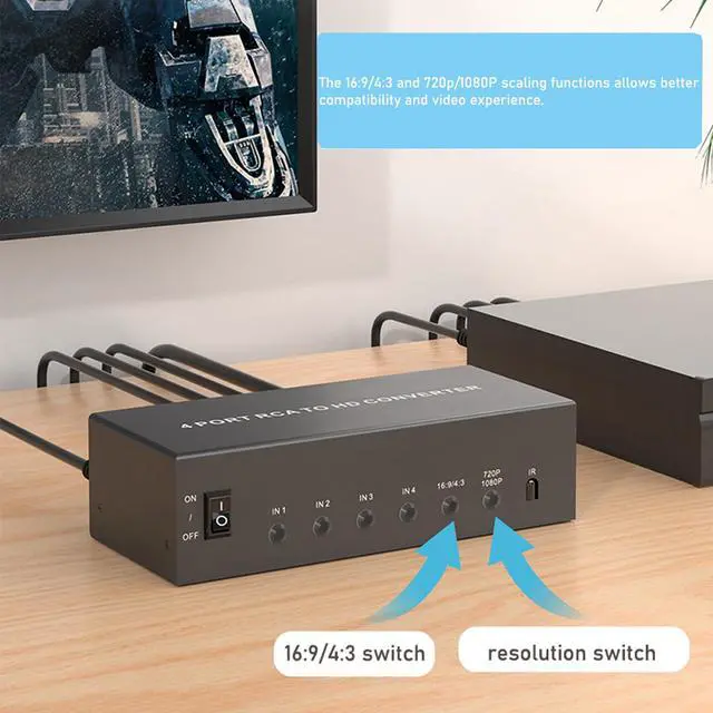 Alt view image 7 of 7 - RCA to HDMI Converter 4 AV (Red Yellow White) in to HDMI Out Adapter, Composite Audio Video RCA Adapter to HDMI1080P/720P, w/Power, for Wii/TV/PC/ PS3/ STB/Xbox VHS/VCR/N64/SNES/DVD Player