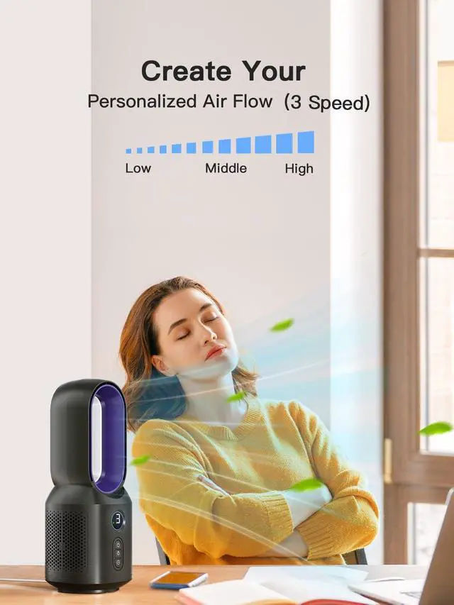 Alt view image 6 of 7 - 13 Inch Desk Fan Bladeless, Small Table Fan, Small Office Fan with 3 Speeds and Night Light, Quiet Desktop Fan for Personal, Bedroom, Office, Nightstand