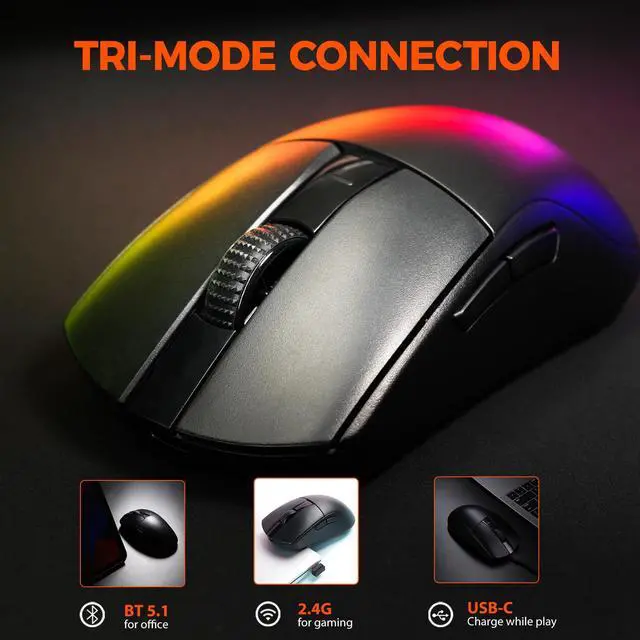 Alt view image 5 of 7 - A950GM Gaming Mouse Wireless, 60g Lightweight, 26K DPI PAW3395 Optical Sensor, 2.4G/BT/Wired,Support 30-40min Fast Charge, 5 Programmable Buttons for PC/Laptop/Mac
