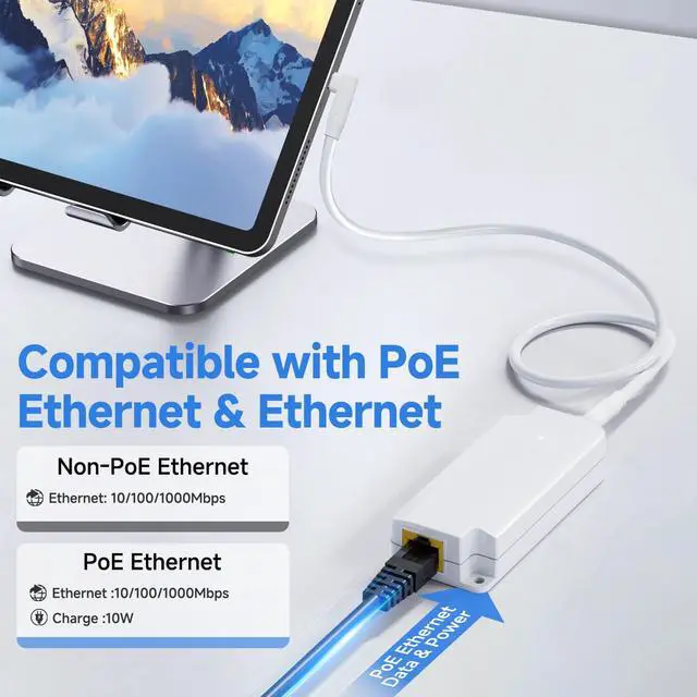 Alt view image 3 of 6 - Gigabit PoE to USB C Converter for Smart Phone/Tablet, USB-C to Ethernet Adapter with 10W Charging, Power & Data 2-in-1 RJ45 Port to Type-C Adapter, 10/100/1000Mbps High Speed Plug & Play,IEEE802.3af