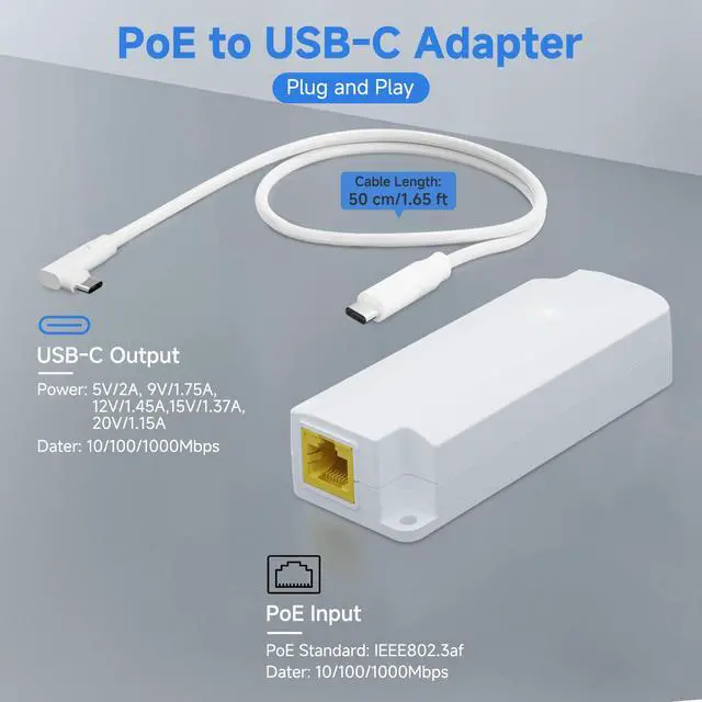 Alt view image 2 of 6 - Gigabit PoE to USB C Converter for Smart Phone/Tablet, USB-C to Ethernet Adapter with 10W Charging, Power & Data 2-in-1 RJ45 Port to Type-C Adapter, 10/100/1000Mbps High Speed Plug & Play,IEEE802.3af