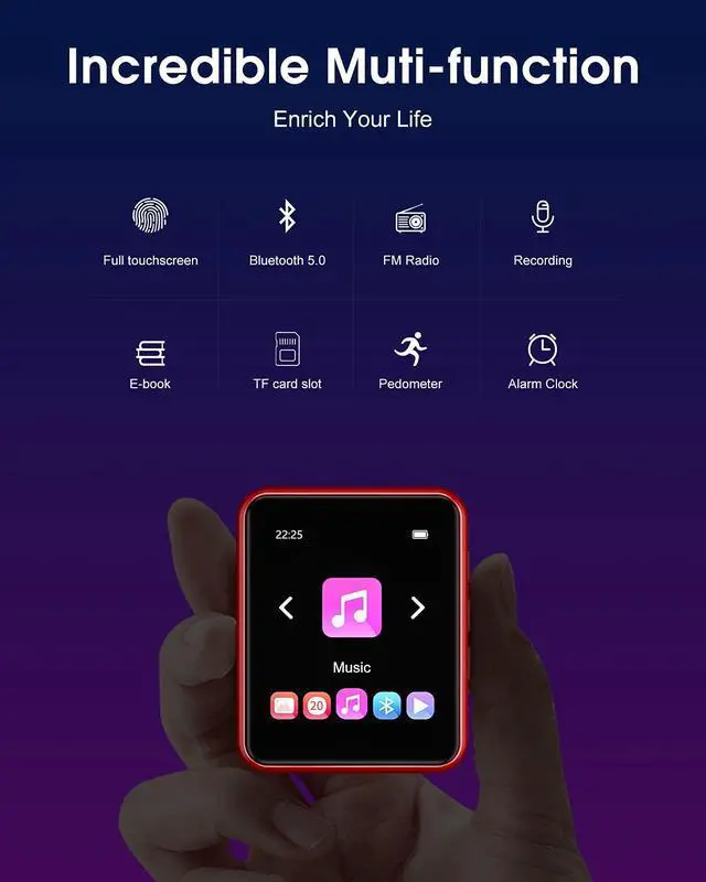 Alt view image 2 of 7 - MP3 Player Bluetooth 5.3 Full Touch Screen Color Screen mini MP3 Player, HiFi Lossless Music Player with Speakers, FM Radio, Recording, Support up to 128GB (red)