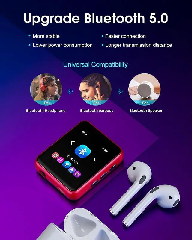 Alt view image 4 of 7 - MP3 Player Bluetooth 5.3 Full Touch Screen Color Screen mini MP3 Player, HiFi Lossless Music Player with Speakers, FM Radio, Recording, Support up to 128GB (red)