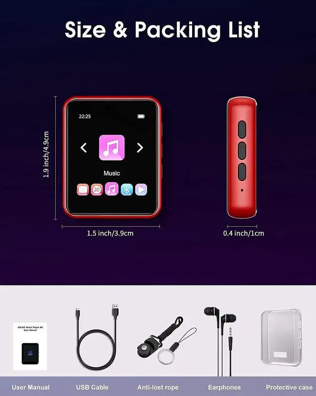 Alt view image 7 of 7 - MP3 Player Bluetooth 5.3 Full Touch Screen Color Screen mini MP3 Player, HiFi Lossless Music Player with Speakers, FM Radio, Recording, Support up to 128GB (red)