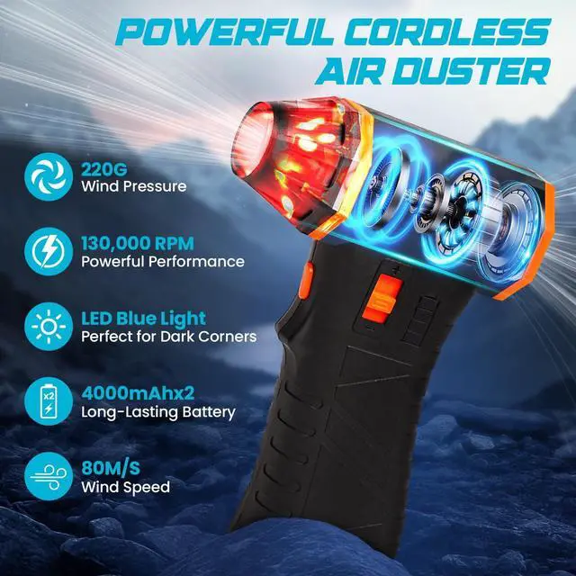 Alt view image 2 of 6 - Compressed Air Duster, 130000 RPM Electric Air Duster Rechargeable Cordless Air Blower with 3 Gear Adjustable Setting with LED Light for Keyboard, Computer, Car, Home, and Outdoor Cleaning