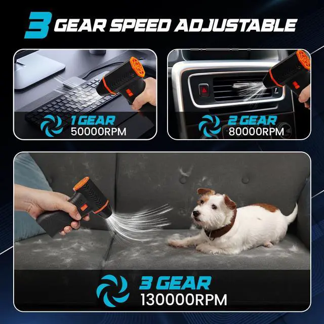 Alt view image 5 of 6 - Compressed Air Duster, 130000 RPM Electric Air Duster Rechargeable Cordless Air Blower with 3 Gear Adjustable Setting with LED Light for Keyboard, Computer, Car, Home, and Outdoor Cleaning
