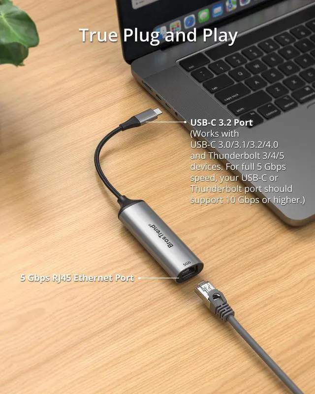 Alt view image 3 of 6 - 5Gb USB C to Ethernet Adapter, Aluminum Ethernet to Type C Network Adapter Plug & Play for Windows MacOS etc., Compatible with Dell XPS, MacBook, iPad (Thunderbolt 5/4/3) Lifetime Protection
